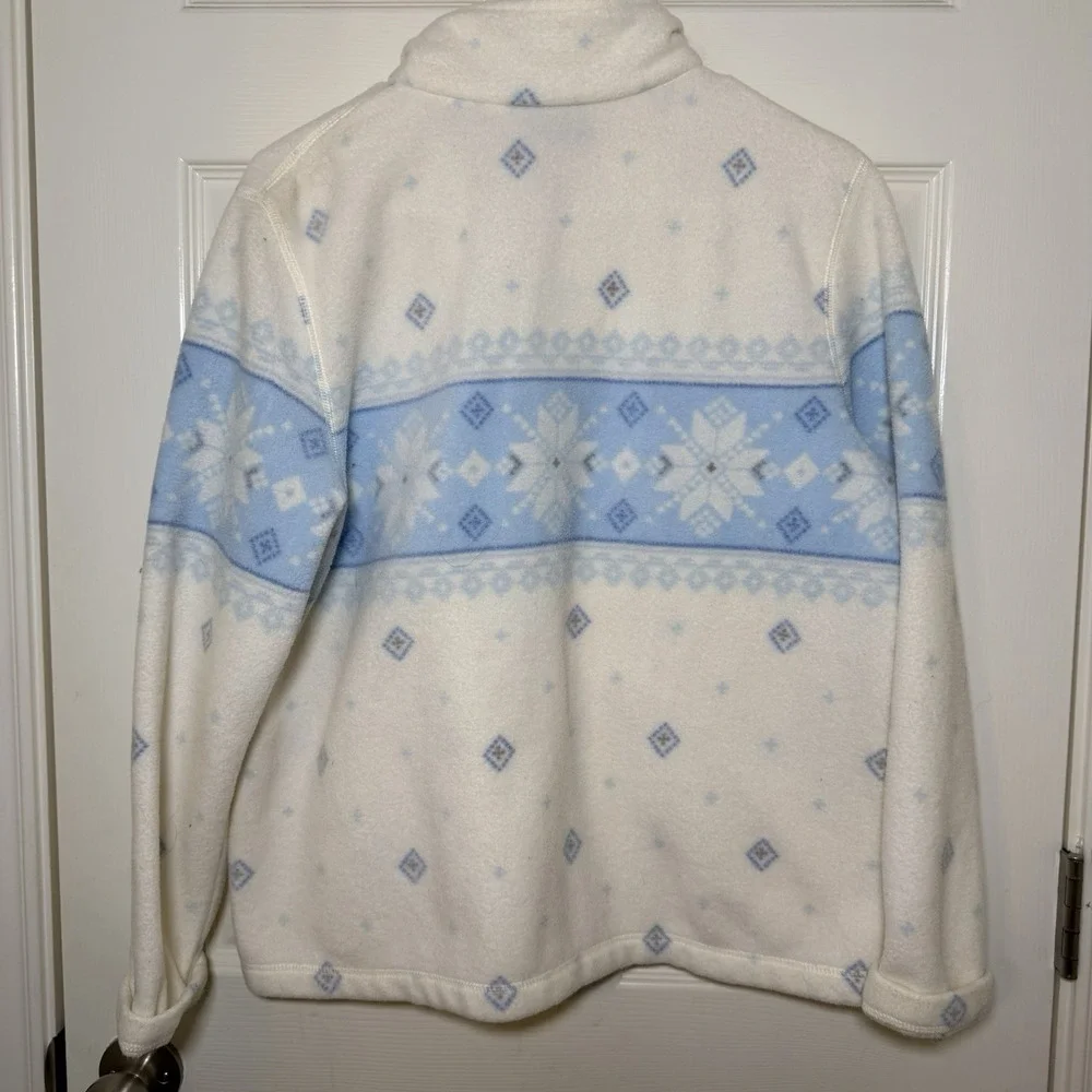Womens C&B White Fleece Winter Cardigan Jacket Zipper Sz‎ L Snowflake Snow